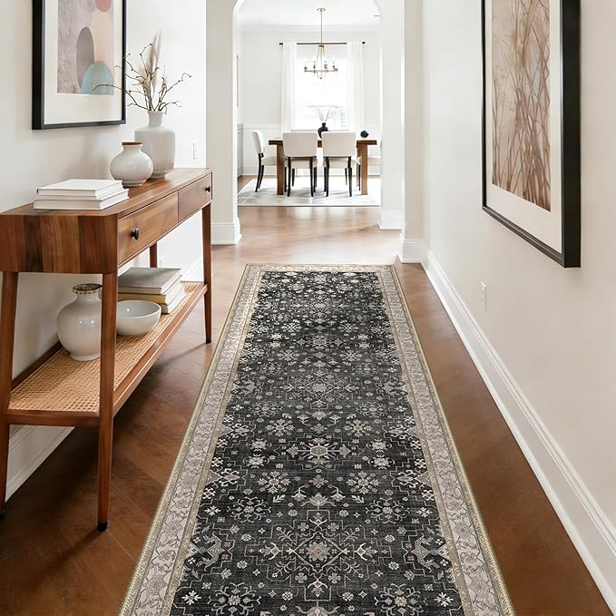 GENIMO 2'5x8 Runner Rug,Machine Washable Non-Slip Vintage Rugs,Low Pile Lightweight Carpet for Bedroom,Hallway,Entryway,Kitchen,Bathroom,Black