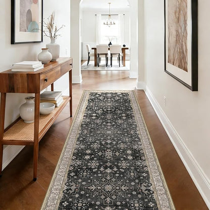 GENIMO 2'5x8 Runner Rug,Machine Washable Non-Slip Vintage Rugs,Low Pile Lightweight Carpet for Bedroom,Hallway,Entryway,Kitchen,Bathroom,Black
