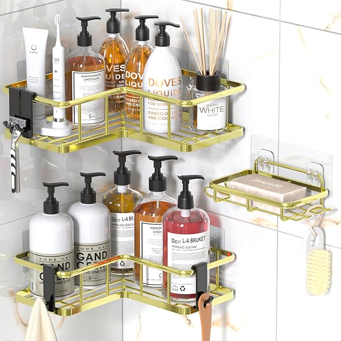YASONIC Shower Caddy Corner, 3-Pack Adhesive Rustproof Stainless Steel Shower Shelves with Soap Holder, No Drilling Shower Organizer Corner for Dorm, Renters Bathroom, Gold