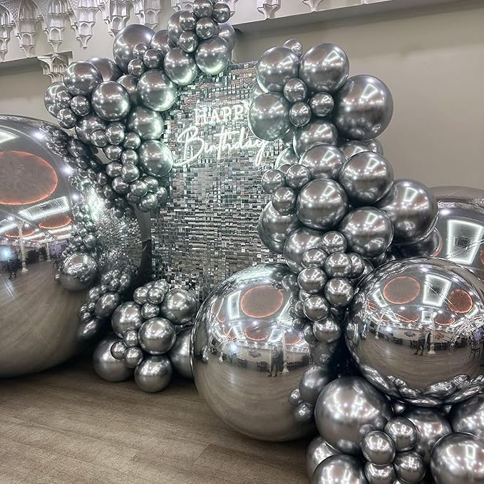 Metallic Balloons - 12 Inch, 100 Pack, Chrome Silver, Shiny Silver Latex Balloons for Birthday, Graduation, Anniversary, Wedding, Party Decorations