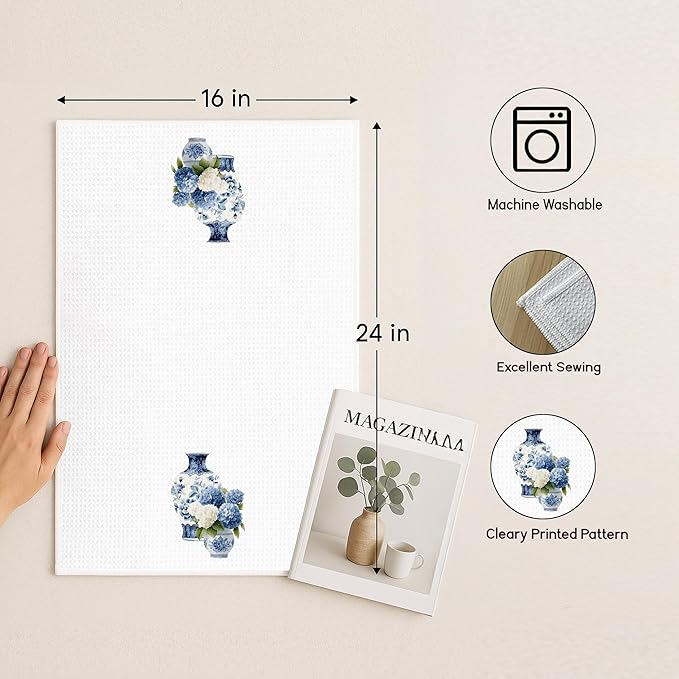 Blue and White Hydrangea Floral Kitchen Towels, Blue Chinoiserie Flower Decorative Hand Tea Towels for Bathroom, Cottagecore Wildflower Dish Tea Towel for Kitchen, 16x24 Inches Set of 2