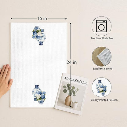 Blue and White Hydrangea Floral Kitchen Towels, Blue Chinoiserie Flower Decorative Hand Tea Towels for Bathroom, Cottagecore Wildflower Dish Tea Towel for Kitchen, 16x24 Inches Set of 2