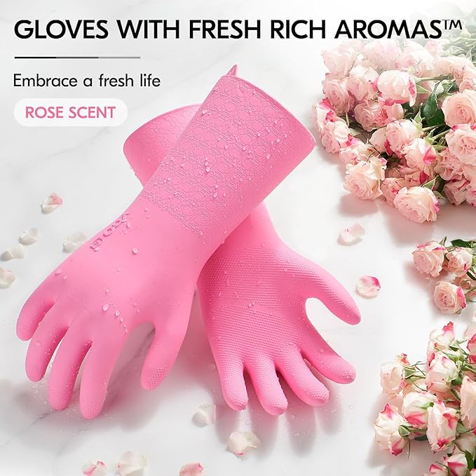 Vgo... 1 Pair Household Cleaning Gloves Infused with Rresh Rich Aromas, Lined Dishwashing Gloves,Long Sleeves Kitchen Gloves, Bathroom Cleaning, Gardening, Pet Care(Pink,Size S,TP1117)