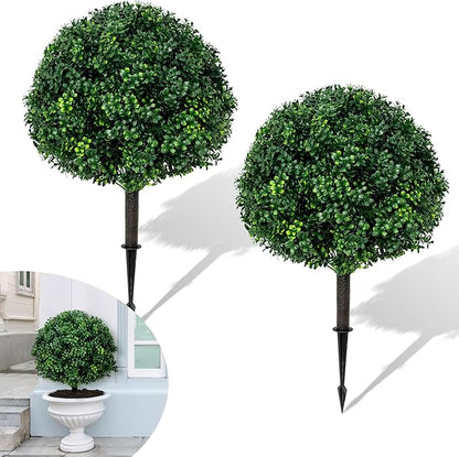 27.6''H Artificial Boxwood Ball Tree 2 Pack, UV Resistance Rated with Spike, Easy to Install, Fake Outdoor Plant for Front Door Decor, Home Decor, Garden, Wedding Decor