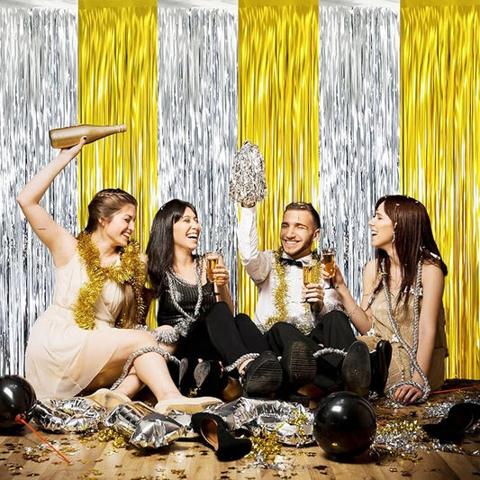 GOER 3.2 ft x 8.2 ft Metallic Tinsel Foil Fringe Curtains Party Backdrop Party Streamers for Birthday,Graduation,New Year Eve Decorations Wedding Decor (4 Pcs,Gold&Silver)