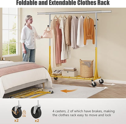 Heavy Duty Clothes Rack Load 530 LBS Metal Clothing Garment Rack Hang 200 pieces of clothing on Wheels Rolling Portable Collapsible & Adjustable with Hook for Hanging Clothes Gold