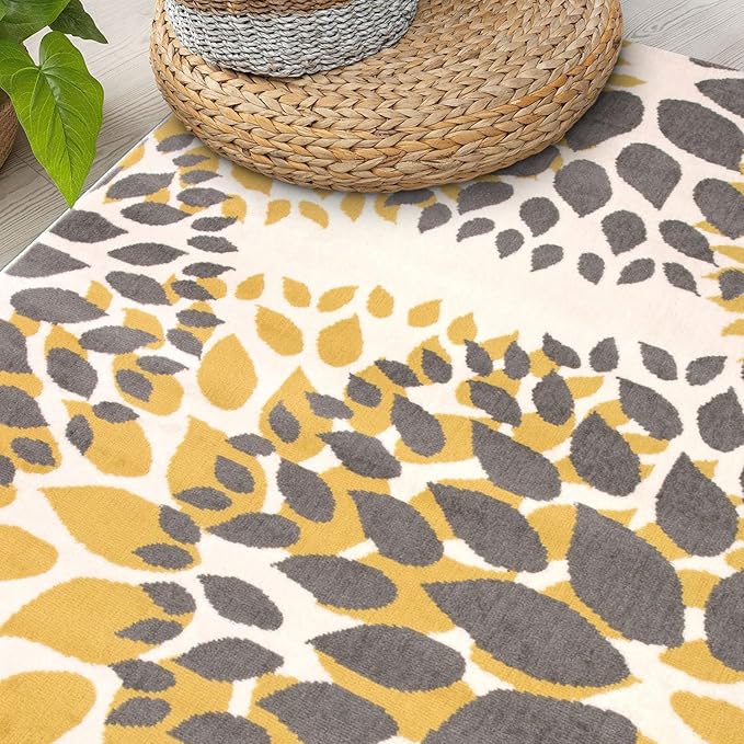 Rugshop Modern Yellow Floral Circles Design Area Rug – Elegant Non-Shedding, 6'6" Round for Living Room, Bedroom, Dining Room, Kitchen