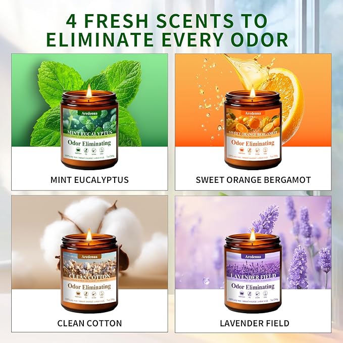 4 Pack Odor Eliminating Candles Set - Eliminates 95% of Pet, Smoke, Food & Other Smells - Hand Poured Non-Toxic Soy Candle, Air Freshing Scent of Lavender/Orange/Mint/Cotton - Gifts Set for Women