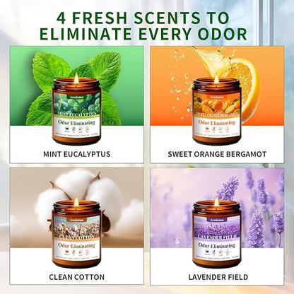 4 Pack Odor Eliminating Candles Set - Eliminates 95% of Pet, Smoke, Food & Other Smells - Hand Poured Non-Toxic Soy Candle, Air Freshing Scent of Lavender/Orange/Mint/Cotton - Gifts Set for Women