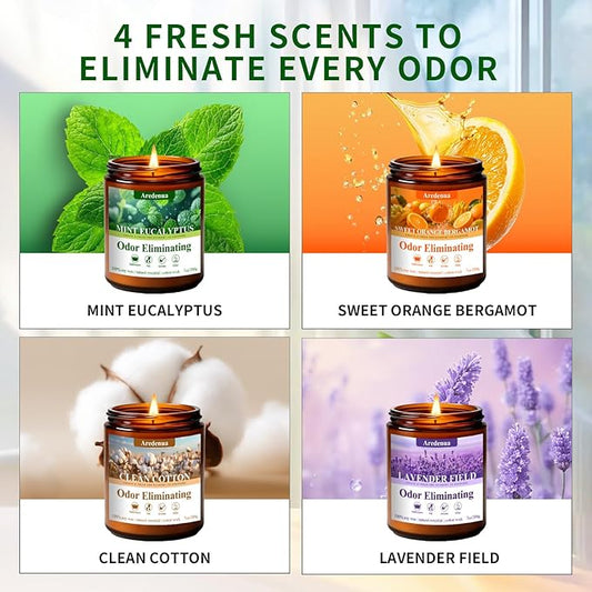 4 Pack Odor Eliminating Candles Set - Eliminates 95% of Pet, Smoke, Food & Other Smells - Hand Poured Non-Toxic Soy Candle, Air Freshing Scent of Lavender/Orange/Mint/Cotton - Gifts Set for Women