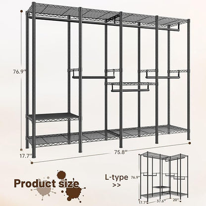 Raybee Clothes Rack Heavy Duty 1100 LBS Capacity Clothing Racks for Hanging Clothes Adjustable Garment Rack,17.7" D x 75.8" W x 76.9" H Black