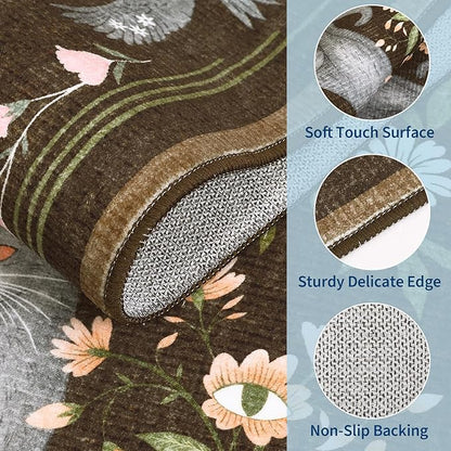 GarveeHome 4x6 Cat Washable Area Rug for Nursery Room, Mushroom Floral Brown Bedroom Rug Non Slip Low Pile Butterfly Carpet Stain Resistant Throw Rug for Dorm Kids Room Office Dining Room