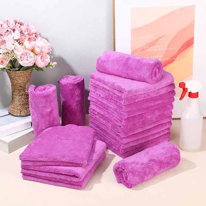 Shimeyao 30 Pcs 16 x 16 Inch Edgeless Microfiber Plush Towels for Cars Detailing Drying Wash Polishing Absorbent Cleaning Cloths, 500 GSM (16 x 16 Inch, Purple, 30 Pcs)