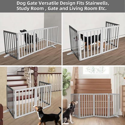 Dog Gate Indoor, Freestanding Dog Fence for The House, Doorways, Hallways,or Stairs,Pet Gate Foldable Wooden,Expandable 24" Height 4 Panels,Grey