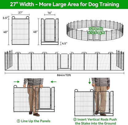Dog Playpen Outdoor 32 Piece Panels Heavy Duty Dog Fence 40" Height Anti-Rust with Doors Portable for RV Camping Yard, Total 71FT, 406 Sq.ft, Snowy Black