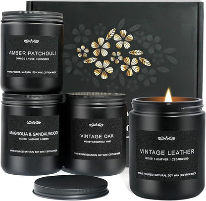 Scented Candles Gifts, Gift for Men, 4 Pack Candles Set, Soy Candle for Home Scented, Birthday Gifts Candle Set for Men Scents of Magnolia Sandalwood/Oak/Amber Patchouli/Leather