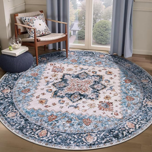 SERISSA Boho Round Area Rug, 5ft Washable Non-Slip Circle Rug, Ultra Soft Oriental Vintage Blue Orange Low-Pile Circular Carpet for Bedroom Entryway Kids Room Office College Dorm Living Room