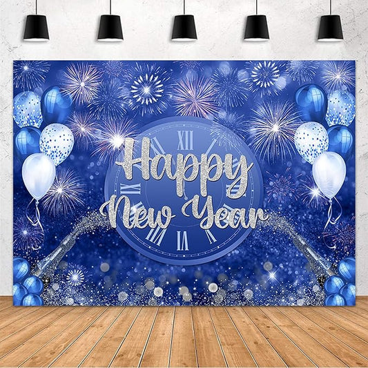 MEHOFOND 10x7ft Happy New Year Backdrop Blue 2026 New Year Eve Party Decorations Banner Supplies Shining Champagne Balloons Firework Photography Background Photo Studio Props