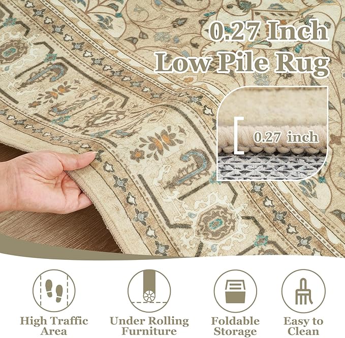 Warm Beige 9x12 Living Room Rug, Large Area Rug Washable Non Slip Low Pile Ultra Thin, Neutral Boho Floral Moroccan Pattern Printed Carpet Rug for Bedroom Dining Room