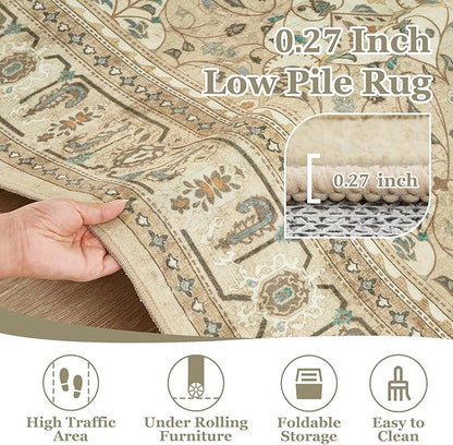 Warm Beige Area Rug 5x7, Non Slip Washable Rugs for Living Room Bedroom Low Pile Thin, Boho Neutral Floral Moroccan Pattern Printed Carpet Rug for Nursery Playroom Dining Room Home Office