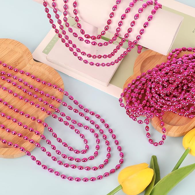 100PCS Breast Cancer Awareness Accessories, Oval Pink Bead Necklace Party Favors, 32" Metallic Mardi Gras Necklace Stuff, Festival Parade Throw Accessories for Wedding Birthday Celebrations Decor