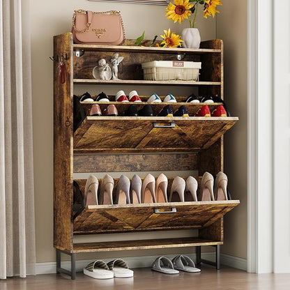 Shoe Cabinet with 2 Flip Drawers Narrow Shoe Storage Cabinet Organizer Wooden Freestanding Rack Hidden Slim Storage for Entryway, Hallway, Living Room, Bedroom (Brown)