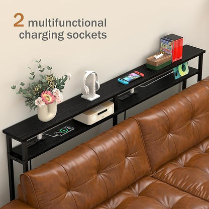 78 Inch Double-Layer Narrow Console Sofa Table with 2 Power Outlets &4 AC Plugs&4 USB Ports, 4.9' Extension Cord Included, Behind Couch Table for Living Room/Office Easy Assembly - Black