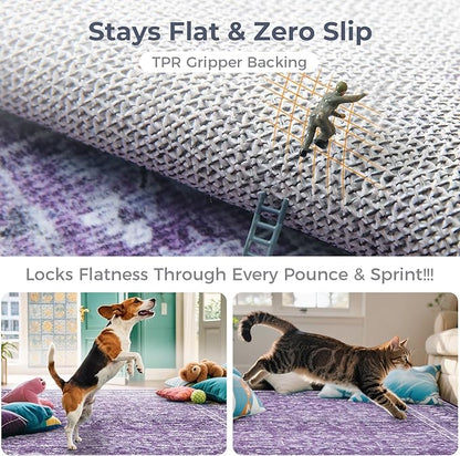 OPPODREAM Thin Vintage Purple 2x12 Runner Rug, 2 x 12 Retro Washable Rug Non Slip, Low-Pile Faux Wool Carpet, Distressed Floor Mat for Kitchen, Hallway, Entry-Way, Entrance, Indoor Back Door