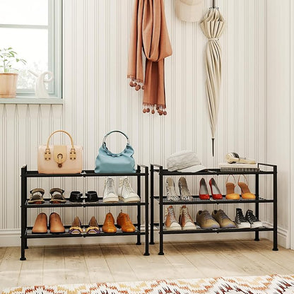 3 Tier Shoe Rack for Closet,Adjustable Metal Shoe Storage Organizer Utility Shelf for Entryway, Dorm Room,Bedroom,Heavy Duty Shelf (Black, 3 Tier)