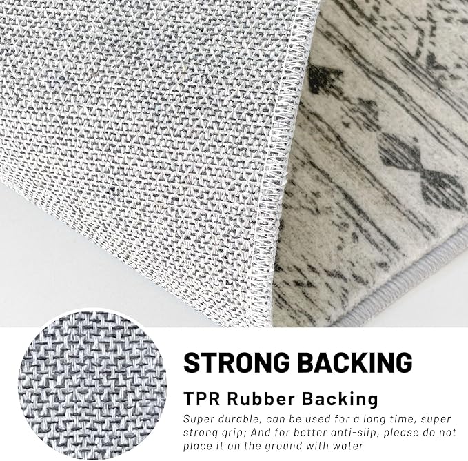 KUTA Boho Runners for Hallways 2x8 Grey Moroccan Washable Runner Rug Non-Slip Vintage Kitchen Rugs Ultra Soft Distressed Geometric Floor Carpet for Bedroom Laundry Living Room