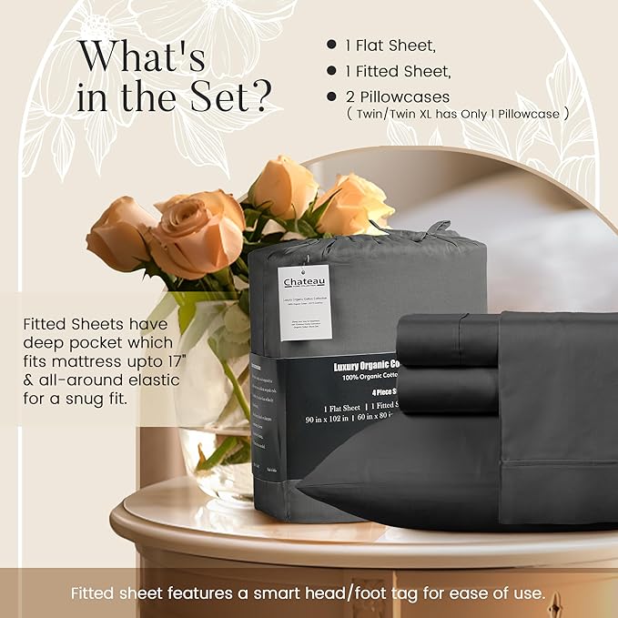 300 Thread Count Organic Cotton Sheets Full Sheet Set Deep Pocket, 100% Cotton Bed Sheets Full Size Set, No Pill Soft & Comfy Naturally Cool Breathable Elasticated Sheet & Pillowcase Sets - Charcoal