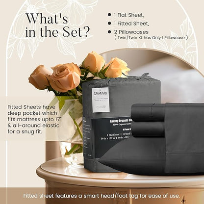 300 Thread Count Organic Cotton Sheets Full Sheet Set Deep Pocket, 100% Cotton Bed Sheets Full Size Set, No Pill Soft & Comfy Naturally Cool Breathable Elasticated Sheet & Pillowcase Sets - Charcoal