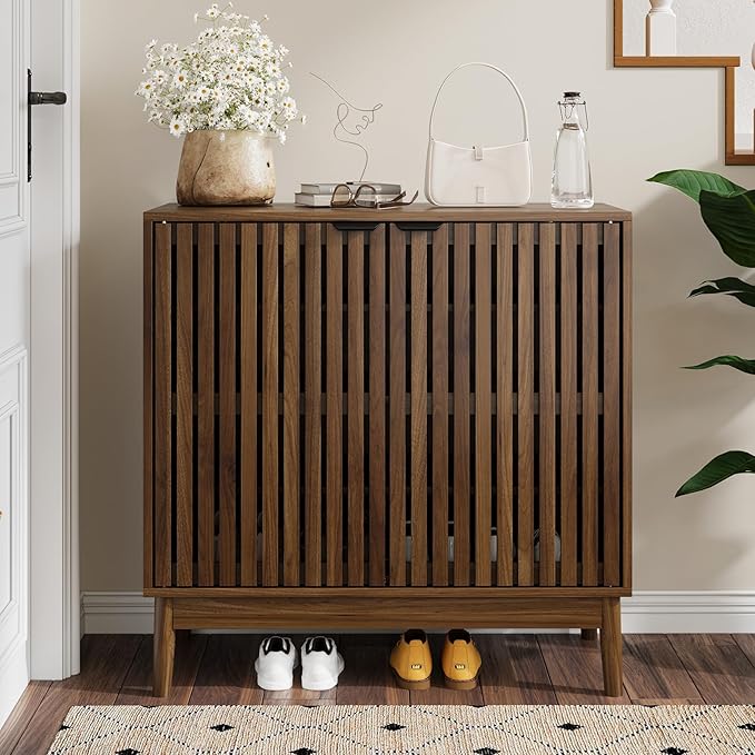Shoe Storage Cabinet with Ventilated Slatted Doors, Wooden Shoe Organizer, Shoes Rack for Entryway, Hallway, Living Room