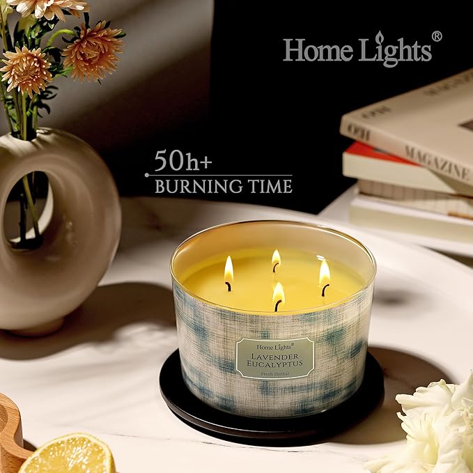 HomeLights Soy Wax Candles for Home Scented, 4-Wick Candles in Lavender Eucalyptus Scented, Aromatherapy Candles Gift for Parties, Relaxing, Scandinavian Minimalist Design, 18oz