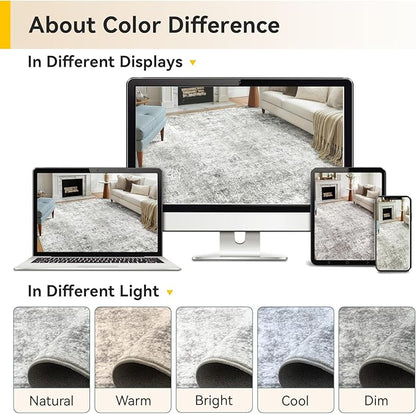 Washable Area Rugs 8ft Non-Slip Modern Abstract Soft for Living Room Entryway Bedroom Nursery, Print Pattern, Gray White Grey