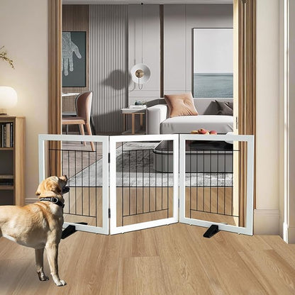 ZJSF Freestanding Dog Gate Indoor, Foldable Dog Fence for Doorways,Hallways or Stairs, Sturdy Wood Extra Wide Pet Gate with Support Feet,White