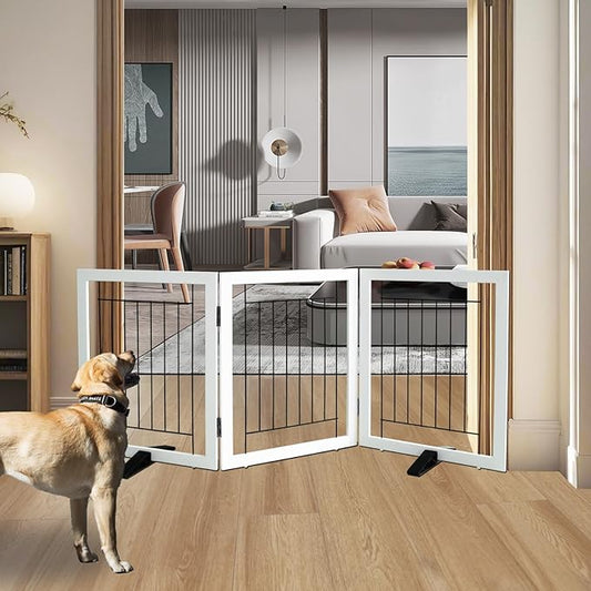 ZJSF Freestanding Dog Gate Indoor, Foldable Dog Fence for Doorways,Hallways or Stairs, Sturdy Wood Extra Wide Pet Gate with Support Feet,White