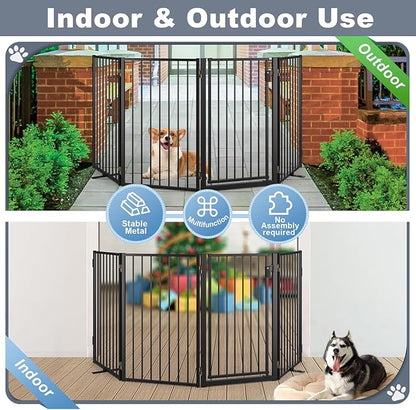 Metal Freestanding Dog Gates with Door for Outdoor Indoor,80'' Extra Wide 24'' Tall Free Standing Dog Gate for Doorways,Large Openings,Deck,Yard,Porch,Foldable Safety Pet Fence(Black,4 Panels)