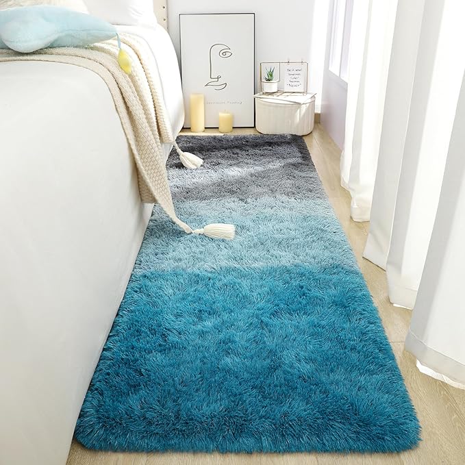 DweIke Luxury Shaggy Runner Rugs for Bedroom, 2x6 Feet Fluffy Runners Carpet for Girls Boys Kids, Non-Slip Extra Comfy Plush Bed Beside Rug for Living Room Nursery Home Decor, Black and Blue