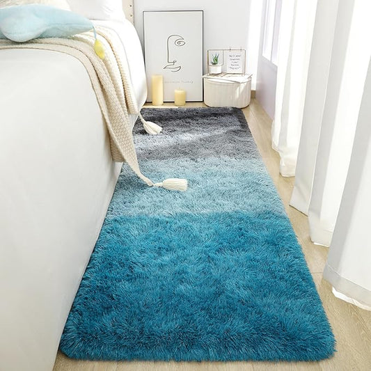 DweIke Luxury Shaggy Runner Rugs for Bedroom, 2x6 Feet Fluffy Runners Carpet for Girls Boys Kids, Non-Slip Extra Comfy Plush Bed Beside Rug for Living Room Nursery Home Decor, Black and Blue