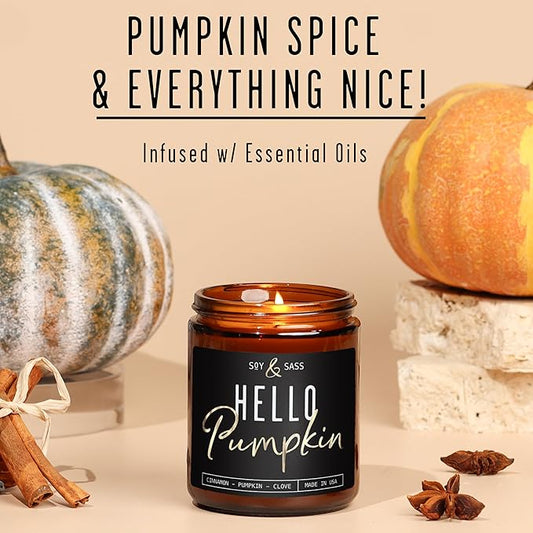 Pumpkin Spice Candle, Fall Candles - 'Hello Pumpkin' Pumpkin Candle I Infused w/Essential Oils I Autumn Scented Soy Candles for Home I Fall Home Décor I 9oz Reusable Jar, 50Hr Burn, Made in USA