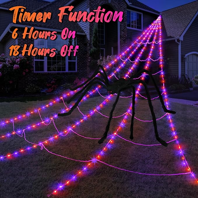 Spider Webs Halloween Decorations Outdoor 290 LED Halloween Spider Web Lights Decoration with 78.7" Large Spider & 3.53 oz Stretch Cobweb 23 Ft Giant Lighted Web with 8 Modes (Purple & Orange)