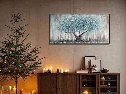 Arjun Framed Blue Tree Canvas Wall Art for Living Room Tree of Life Abstract Bedroom Textured Painting, Nature Picture Landscape Artwork Home Office Decor, Black Wood Large 40"x20"