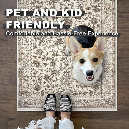 KILOCOCO Hallway Runner 2x8 Rug Runner Printed Vintage Floral Washable Kitchen Runners Non-Slip Rubber Backed Runners for Hallways Laundry Room Distressed Boho Rugs for Entryway Bedroom, Beige/Brown