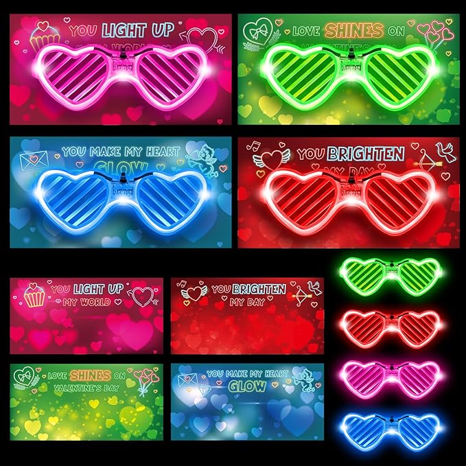 Shemira Valentines Cards for Kids Classroom, 24 Pack Valentines Day Cards with Light Up Glasses, Valentines Day Cards Gifts for Kids School Classroom Exchange, Valentines Gifts for School