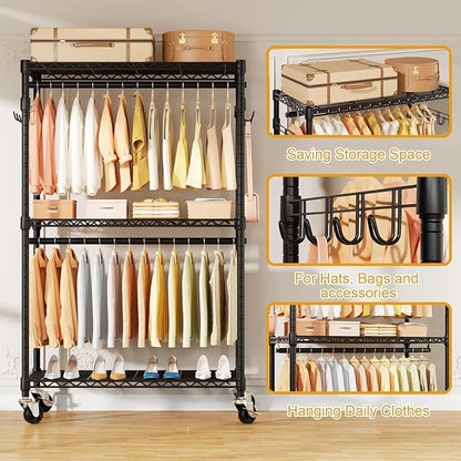 P1 Rolling Clothes Rack, Portable Wardrobe Closet with Wheels, Heavy-Duty Closet Clothing Rack for Hanging Clothes, 35.5" W x 15.7" D x 80.5" H, Hold 500lbs, Black
