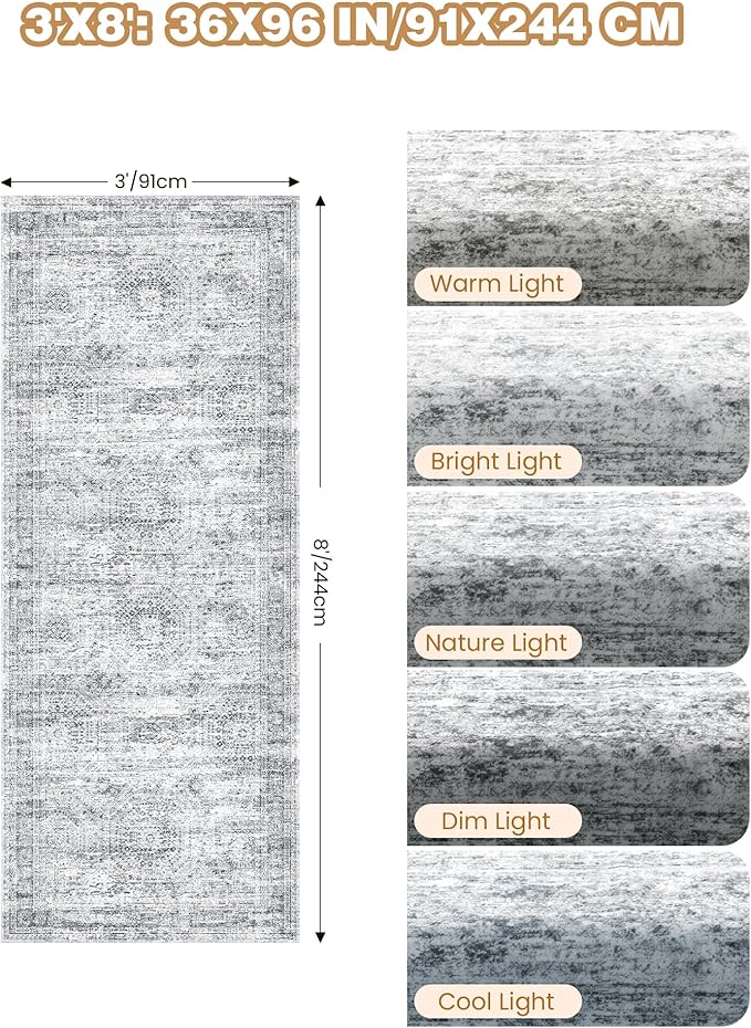 3x8 Runner Rug Non Slip Washable for Entryway, Vintage Hallway Runner for Front Porch, Laundry Room, Bedroom, Abstract Stain Resistant Thin Indoor Kitchen Mats for Floor(3'x8', Grey/Ivory)