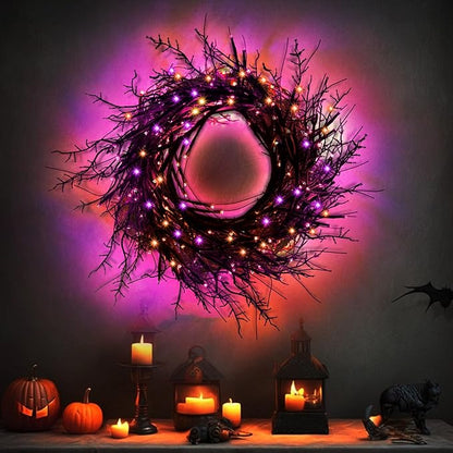 9 Ft 54 LED Halloween Willow Vine Twig Decor Garland with 8 Modes Timer Orange & Purple Lights Waterproof Battery Operated Halloween Decorations for Home Bedroom Wall Fireplace Mantle Decor