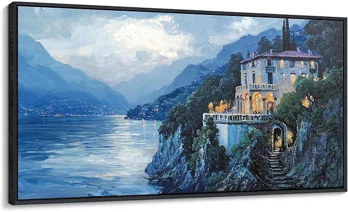QZQCBLC Large Wall Art Bedroom, Blue Mountains Lake Houses Green Trees Landscape Framed Oil Paintings Canvas Printi Artwork for Living room Home Kitchen Office Pictures Wall Decor 29x58 IN