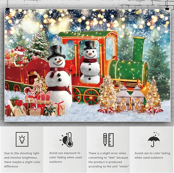 YongFoto Merry Christmas Backdrop 12x8ft Snow Scene Train Snowman Christmas Tree Gift Photography Background Happy New Year Xmas Eve Family Party Banner Room Decor Photoshoot Wallpaper Photo Booth